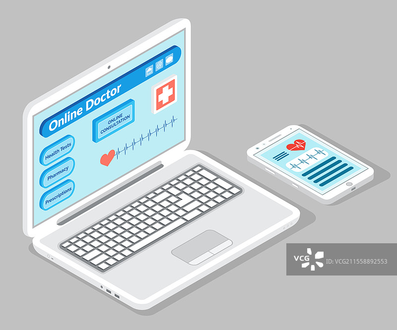 在线医疗咨询与医生的概念矢量插图，手机上的医疗应用扁平风格。打开的笔记本电脑屏幕上显示用于与医生远程沟通的特殊程序。图片素材