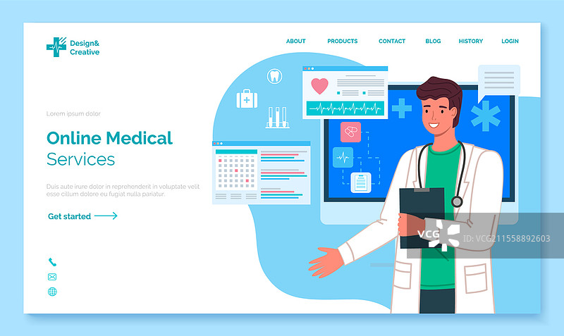 在线医疗服务着陆页模板。移动医疗。健康与医疗咨询应用网页，包含信息图表和医生男治疗师，医疗保健与科技概念。在线医疗服务着陆页。移动医疗。健康与医疗咨询应用。图片素材