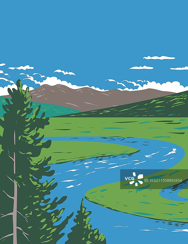 海登谷，位于美国怀俄明州黄石国家公园，是一条跨越黄石河的亚高山谷地，采用工作项目管理风格或联邦艺术项目风格的海登谷海报艺术。图片素材