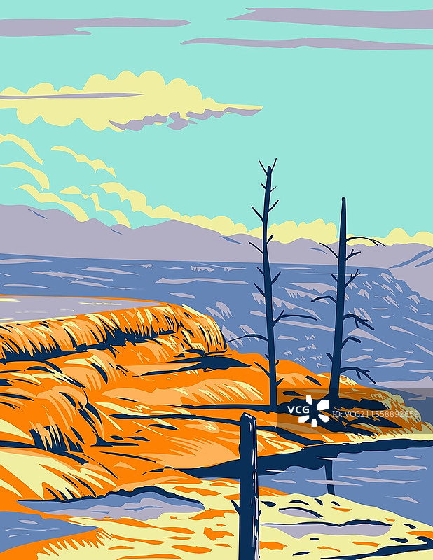 黄石国家公园特顿县怀俄明州的猛犸温泉，位于一个石灰华山丘上的大型温泉群，采用工作项目管理风格的海报艺术。图片素材