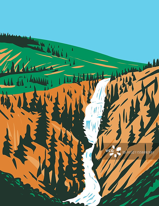 温泉瀑布，位于美国怀俄明州黄石国家公园的拉瓦溪，是一座三层瀑布，采用工作项目管理风格或联邦艺术项目风格的海报艺术。图片素材