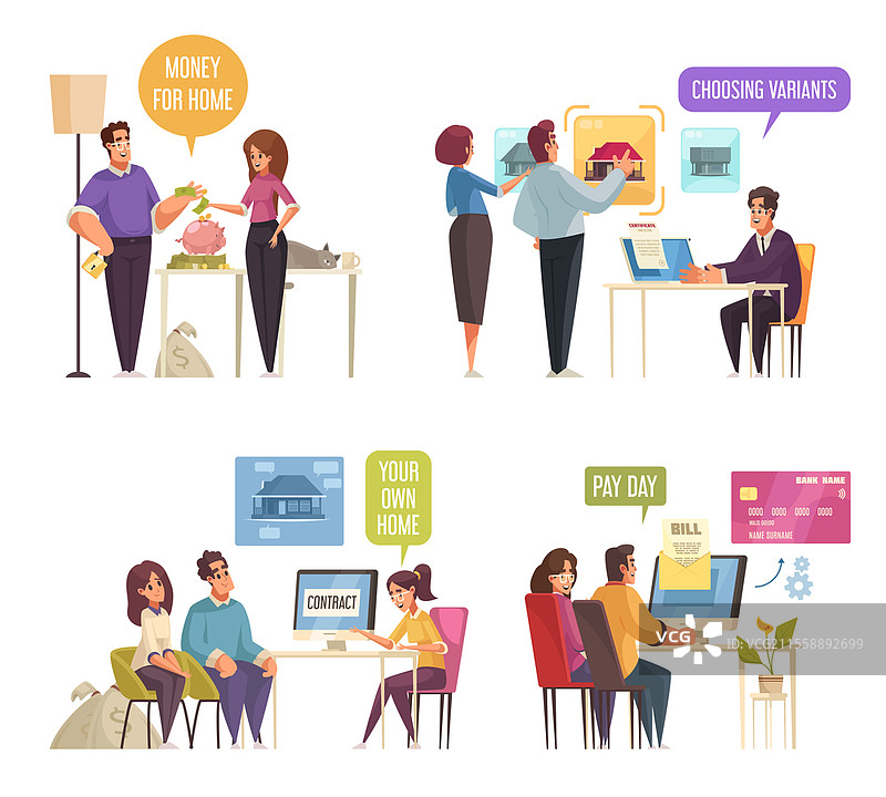 抵押贷款信用家庭组合，包含银行工作人员、客户夫妇、电脑和思考气泡的人物矢量插图。信用家庭组合集。图片素材