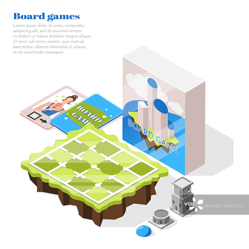 棋盘游戏等距背景，包含游戏场地、包装盒和带描述的小册子，矢量插图。棋盘游戏等距背景图片素材