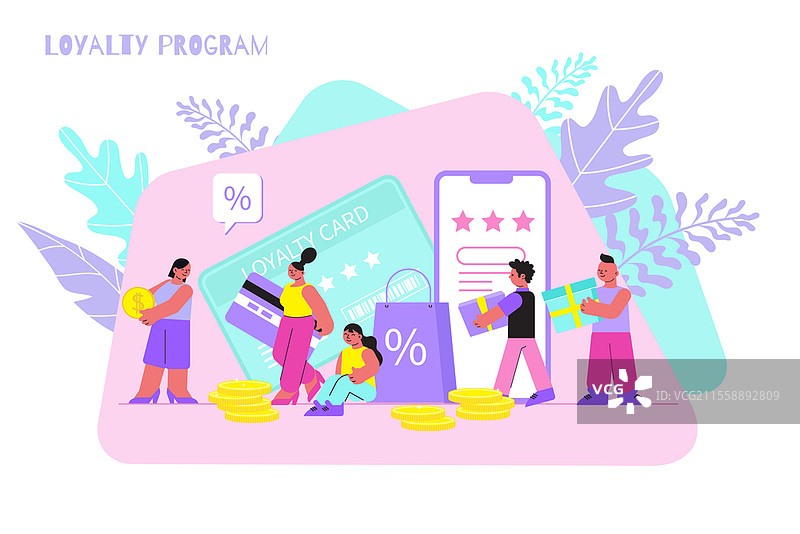 忠诚度计划扁平矢量插图，包含忠诚卡、智能手机、硬币、销售图标和提着购物的人员。忠诚度计划扁平插图。图片素材