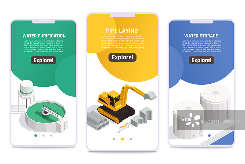 水供应概念3：等距移动屏幕横幅，展示净化存储设施、铺设管道和挖掘机的矢量插图。水供应等距系列。图片素材