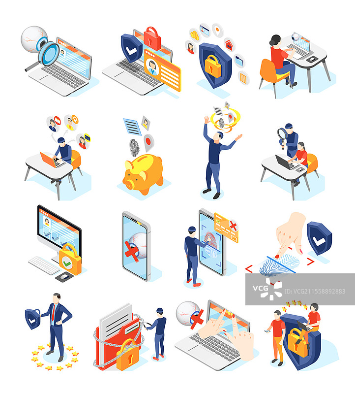 个人数据保护GDPR等距重新着色的孤立图标和图形，包含小工具和人物的矢量插图。个人数据保护图标图片素材