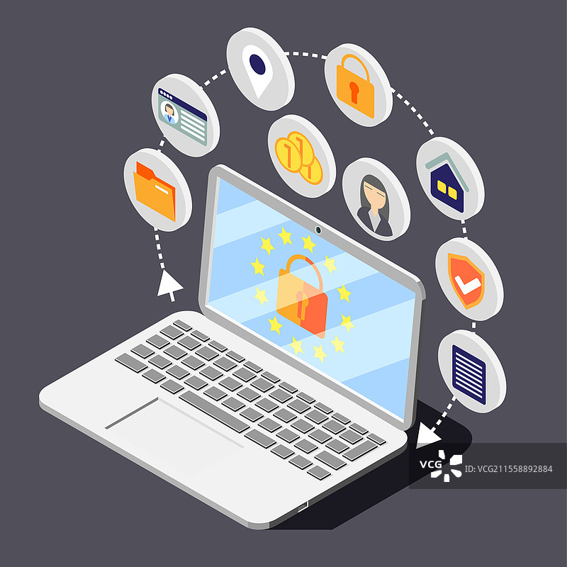 个人数据保护GDPR等距背景构图，包含一台笔记本电脑，周围环绕着圆形图标的插图。计算机数据保护构图。图片素材