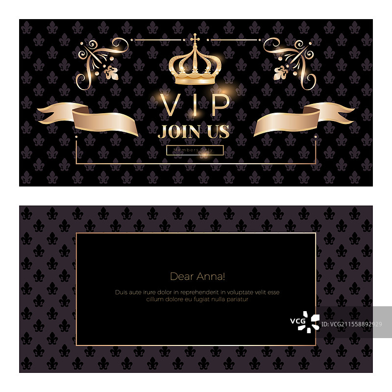 皇家金色皇冠邀请函，两条横幅设计，带有空白文本和丝带装饰的矢量插图。皇家贵宾邀请函套装。图片素材