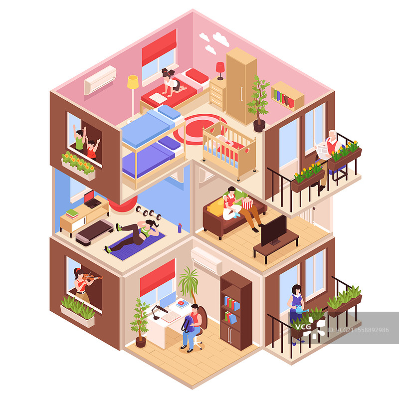 等距邻居构图，展示高层建筑的侧面视图，包括上下邻居公寓的矢量插图。房屋邻居等距构图。图片素材