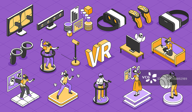 虚拟现实构图与网络空间娱乐符号的等距孤立矢量插图。虚拟现实构图图片素材