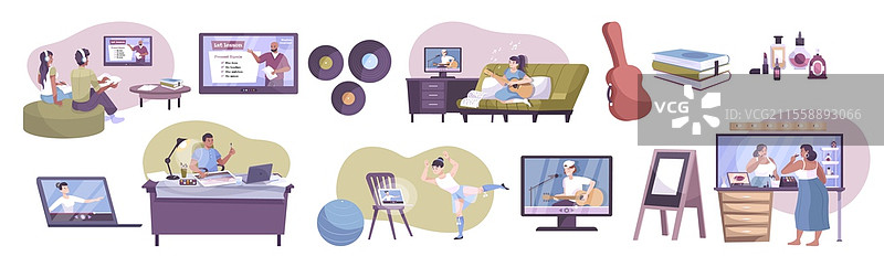 在线爱好图标集，包含书籍、吉他、绘画架和使用电脑屏幕的人物的扁平图标插图。在线爱好图标合集图片素材