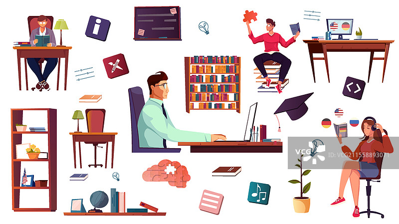自我教育平面图标集，包含人类角色和家庭及课堂家具的图像，矢量插图。自我教育图标合集图片素材