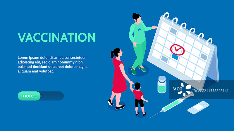 疫苗接种横幅，带有小角色在大记事本上学习免疫接种时间表的等距矢量插图。疫苗接种横幅图片素材