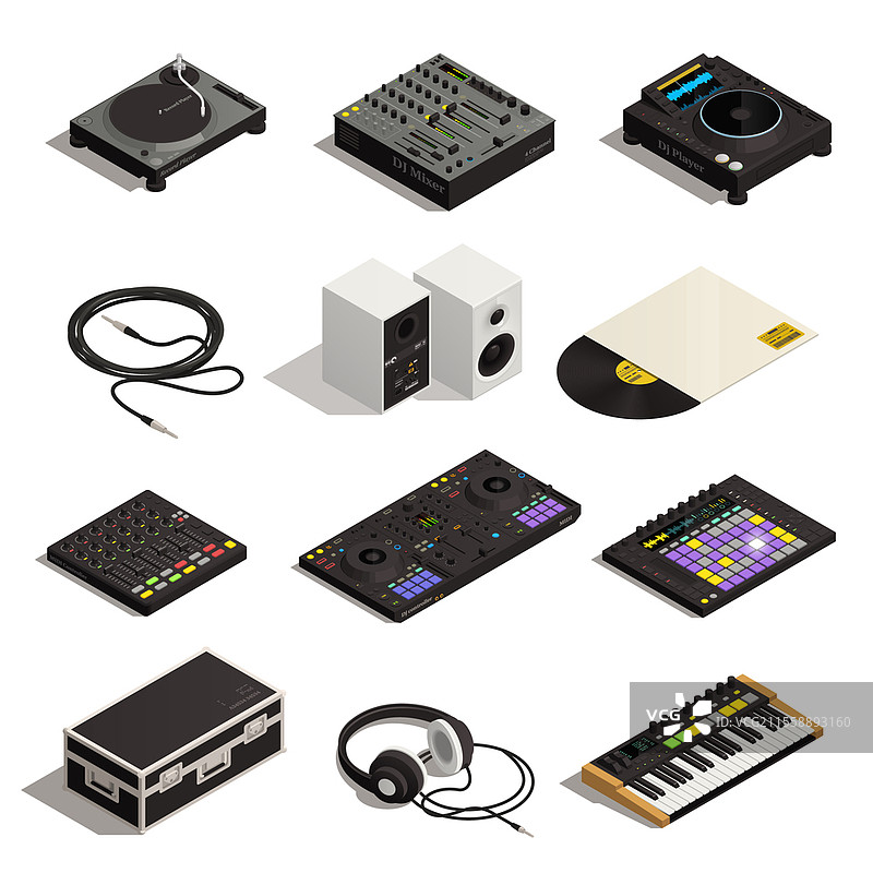 DJ工具设备等距图集，包含音频混音器、耳机、黑胶唱片播放器、扬声器和乐器，孤立的矢量插图。DJ工具等距图集图片素材