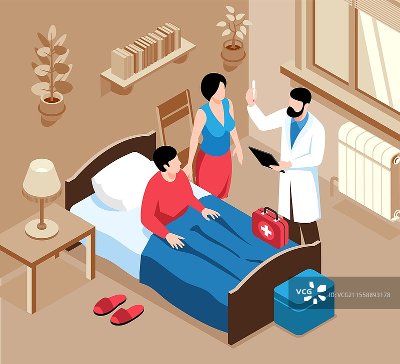 等距家庭医生构图，室内卧室场景，包含医疗专家和药箱的矢量插图。家庭医生等距构图。图片素材