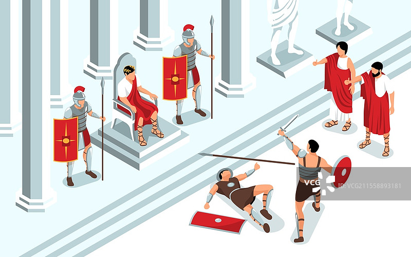 等距古罗马角斗士构图，包含王座室的视角和君主观看决斗的场景，矢量插图。古代角斗士战斗构图。图片素材
