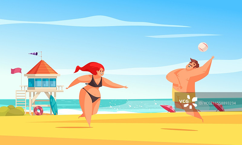 积极身体形象的海滩场景，两位体型较大的人在沙滩上玩球的矢量插图。图片素材