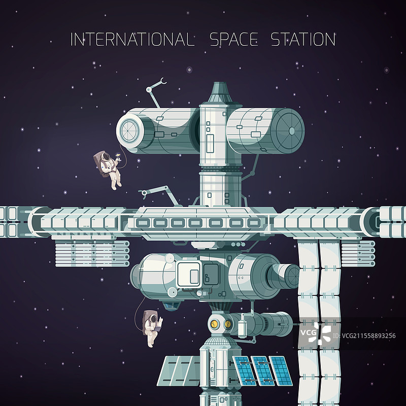 国际空间站的平面构图，位于太空中，规模非常大，矢量插图。图片素材