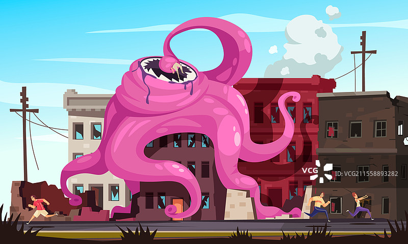 巨型触手怪物摧毁城市，人们在逃跑，卡通矢量插图。卡通怪物插图图片素材