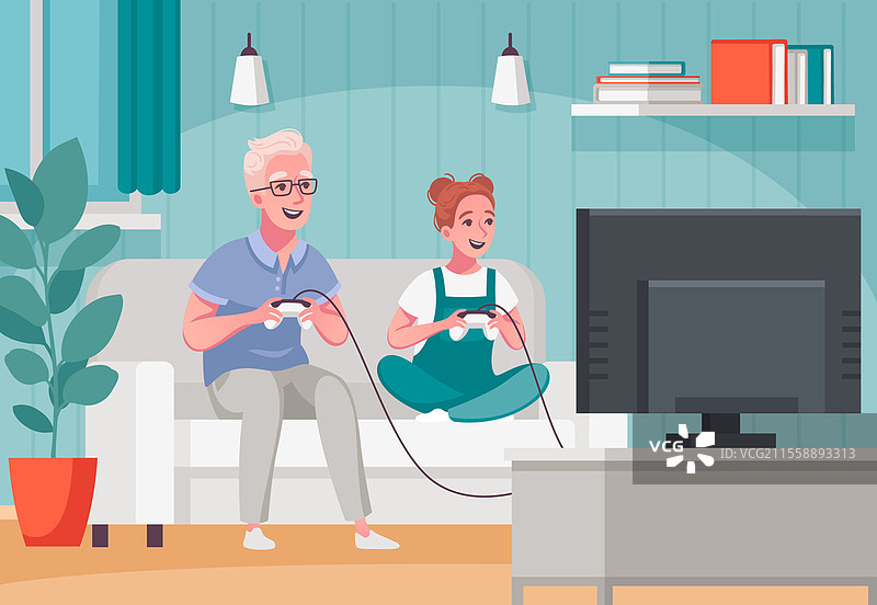 老年人家庭活动卡通构图，祖父母与孩子们一起在线玩游戏的插图。老年人家庭卡通。图片素材