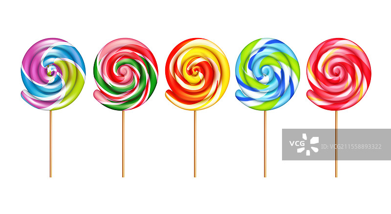 五种条纹彩虹色的棒棒糖真实套装，孤立的矢量插图。彩色棒棒糖真实套装图片素材