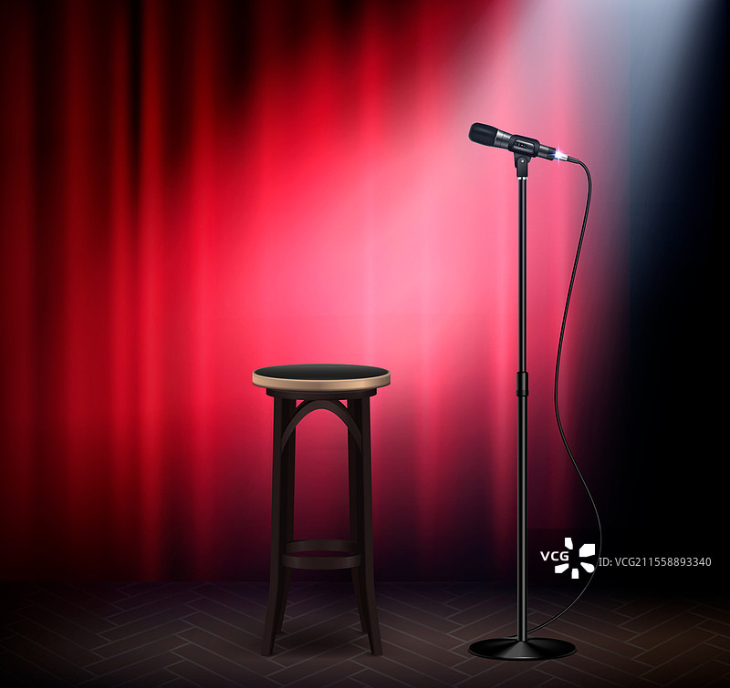 喜剧表演舞台属性的真实图像，带有麦克风、酒吧凳、红色幕布，复古风格的矢量插图。图片素材