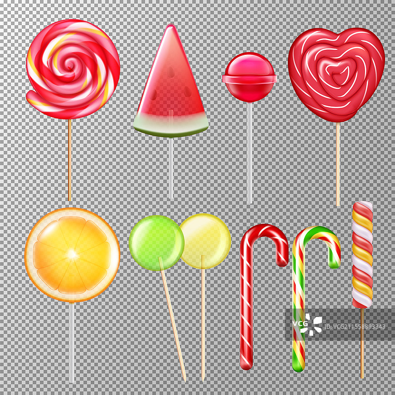 各种口味、形状和风味的糖果棒，真实感的条纹漩涡心形棒球透明矢量插图。糖果棒 真实感 透明图片素材