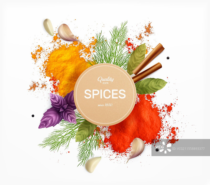 香料和草药徽章，装饰有莳萝、罗勒、月桂叶以及咖喱和红椒粉的真实矢量插图。香料和草药真实徽章图片素材
