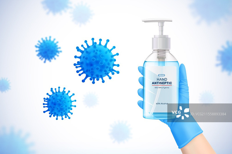 新冠病毒防护的真实背景，手戴手套握着含有消毒凝胶的分配器的矢量插图。图片素材