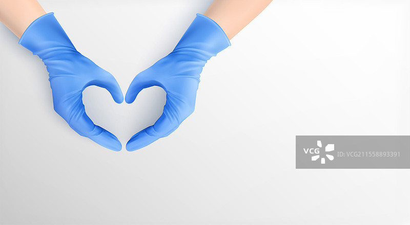 戴着蓝色乳胶手套的手，手指折叠成心形，逼真的矢量插图。手套中的心形手。图片素材
