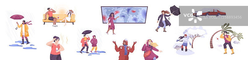 天气扁平图标集，包含穿着季节性服装的人物角色和天气预报主持人的矢量插图。天气扁平图标集图片素材