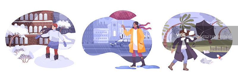 一组包含人类角色穿着季节性服装的天气场景，背景为平坦的户外风景矢量插图。四季天气平面构图。图片素材