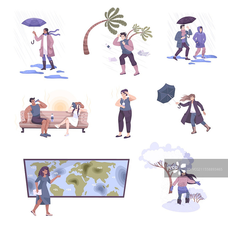 一组扁平化天气图标，展示穿着温暖和轻便衣物的人们以及季节性健康问题的矢量插图。扁平化天气图标合集。图片素材