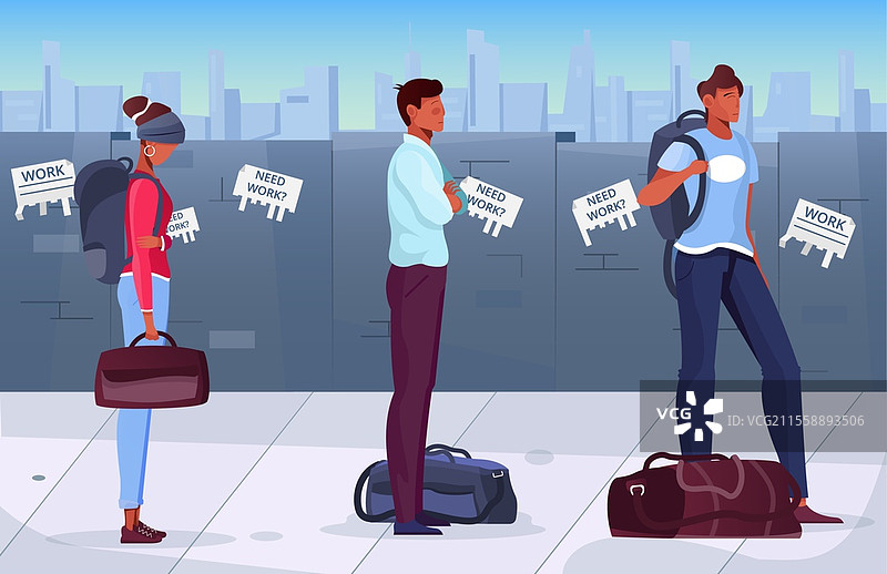 背景中排队的移民，墙上贴有招聘广告，扁平化矢量插图。移民扁平化插图。图片素材