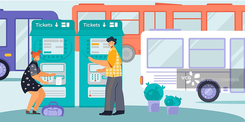 公共交通自助售票机，适用于公交车和电车，男性和女性乘客的扁平插图。交通票务扁平构图。图片素材