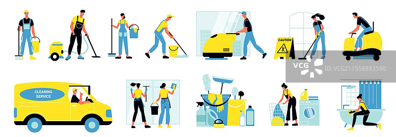 清洁服务独立图标集，包含使用工业吸尘器和小型拖拉机清洁人行道的工作人员平面插图。图片素材