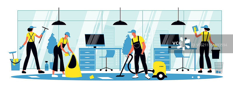 清洁公司员工穿着制服在办公室内部清洗窗户和地板的横向插图。图片素材
