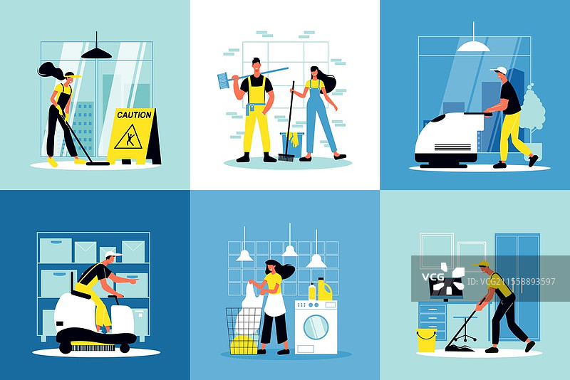 清洁服务设计概念，清洁公司员工在室内和室外工作的扁平矢量插图。图片素材