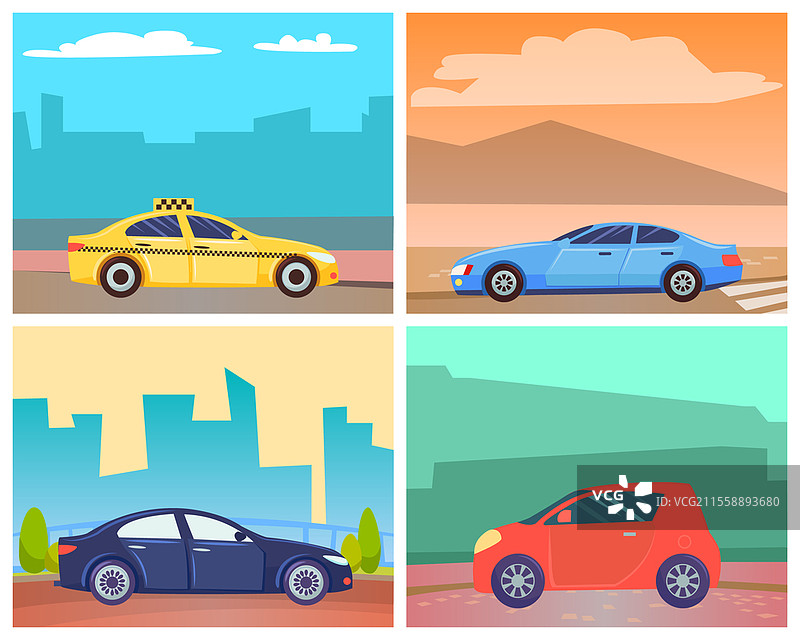 现代城市或乡村道路上的汽车矢量图，交通工具集合。老式面包车、大型车辆、出租车服务和环保汽车。海边的汽车插图卡片或贴纸。城市道路上的汽车，城镇中的吉普车和面包车。图片素材