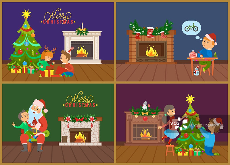 孩子们在装饰有针叶和松果的壁炉房间里，男孩正在给圣诞老人写信。圣诞快乐贺卡插图。壁炉和树的房间插图。图片素材
