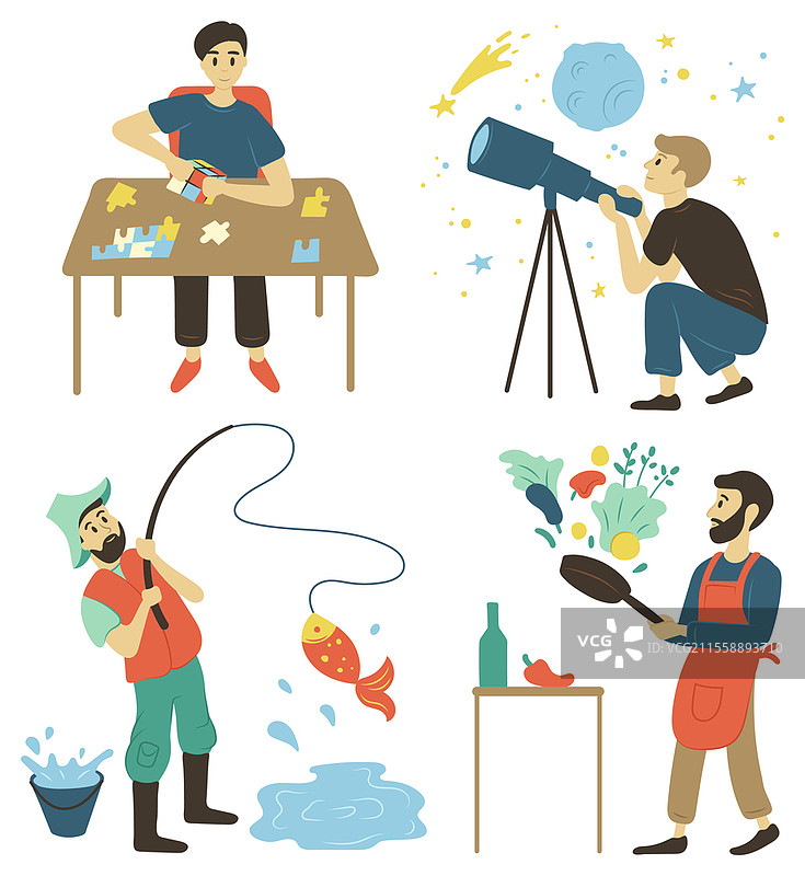 解谜和天文学爱好矢量图，孤立的男性组合。厨师与平底锅烹饪，渔夫与钓竿钓鱼，星象学。解谜、钓鱼和烹饪的男性矢量图图片素材