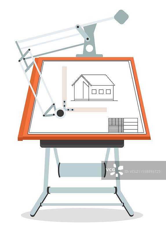 建筑工程师的工作场所，使用圆规绘制家庭住宅模型的建筑图纸，平面矢量插图展示了一层住宅建筑项目的微型样本。图片素材