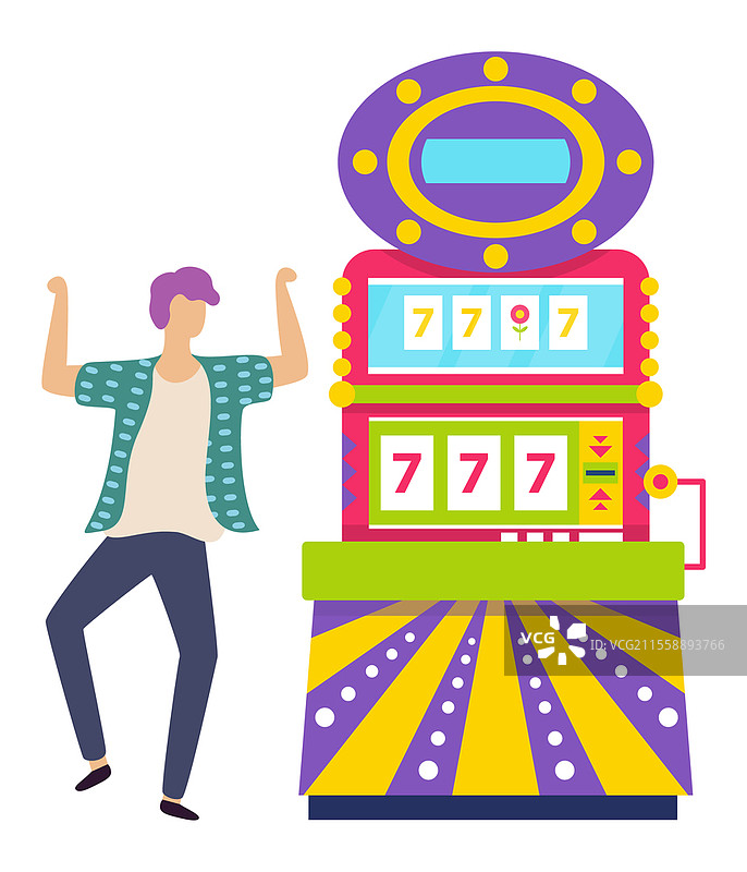 在赌场赢钱的赌徒矢量图，孤独的男人跳起并举起幸运的双手。屏幕上显示的777数字，平面风格的头奖胜利。男人在老虎机旁跳舞，幸运的七个头奖。图片素材