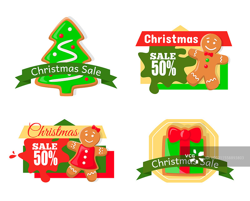 圣诞促销 50% 折扣价格降低的孤立图标集矢量图。姜饼人饼干、带蝴蝶结的礼物、丝带和松树饼干。图片素材