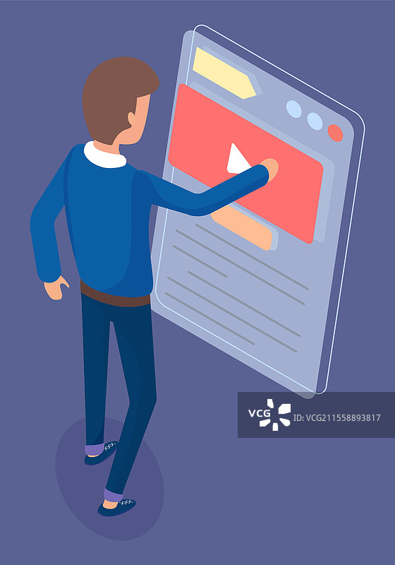 平板电脑上的视频播放器，旁边有男性角色的矢量插图。用于观看数字信息视频的移动设备。男性角色在智能手机屏幕上选择视频，观看教程。平板电脑上的视频播放器，旁边有男性角色。用于观看数字信息视频的移动设备。图片素材