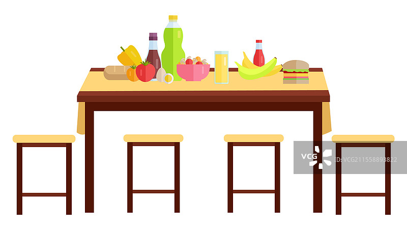 木制餐桌旁边有凳子。为餐厅室内设计的木制家具模型。家居家具的布置。白色背景上孤立的餐桌上摆放着食物和饮料。带有食物、饮料和凳子的餐桌矢量插图。家具孤立在白色背景上。图片素材