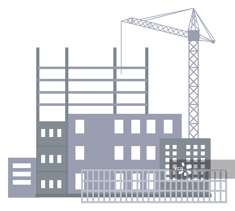 未完成的建筑工地，工业起重机，未来建筑的金属结构，孤立在白色背景下。城市住宅建筑。不同的未完成房屋被围起来。城市建筑的施工过程。未完成的建筑工地，工业起重机，未来建筑的金属结构，孤立。图片素材