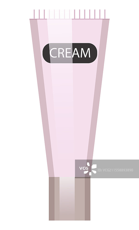 紫色塑料梯形奶油管，顶部带刷子。卫生化妆品，面部磨砂膏。面部护理，美妆，奶油容器。女性面霜。水疗，洗脸，做面膜。平面矢量图像。紫色奶油管，特写，面部护理化妆品。奶油，磨砂膏。白色背景上的平面矢量图像。图片素材