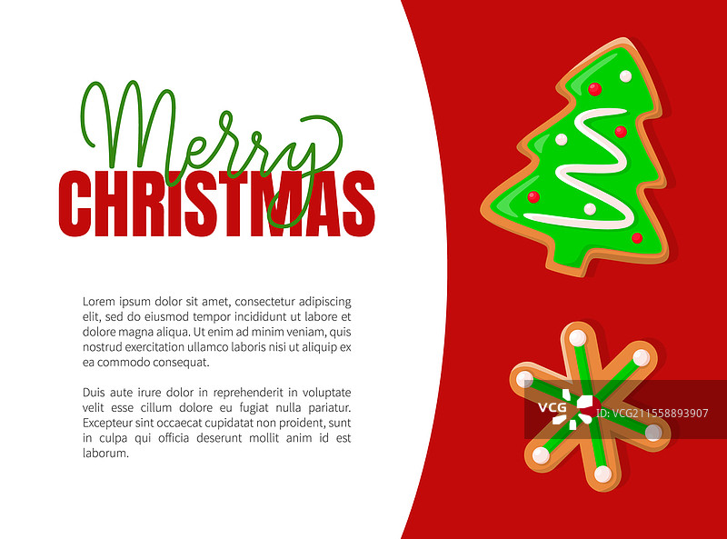 圣诞假期，姜饼绿色圣诞树和雪花饼干。新年，糖和糖霜，面团，冬季假期脆饼或甜点矢量图。圣诞节，姜饼圣诞树和雪花。图片素材