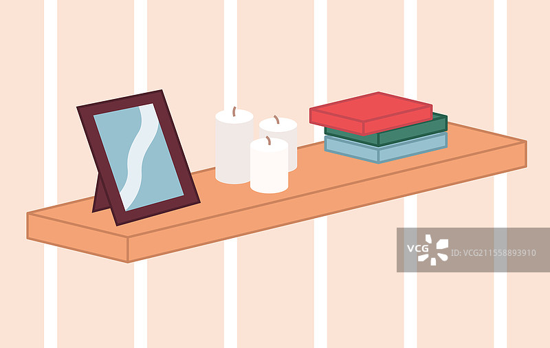 墙上的木架子上摆放着装饰元素。家居装饰。带玻璃的相框、三根白色蜡烛和五颜六色的盒子放在架子上。家居室内细节。卡通风格的矢量插图。钉在墙上的木架子上有家居装饰、相框、三根蜡烛和五颜六色的盒子，卡通风格。图片素材